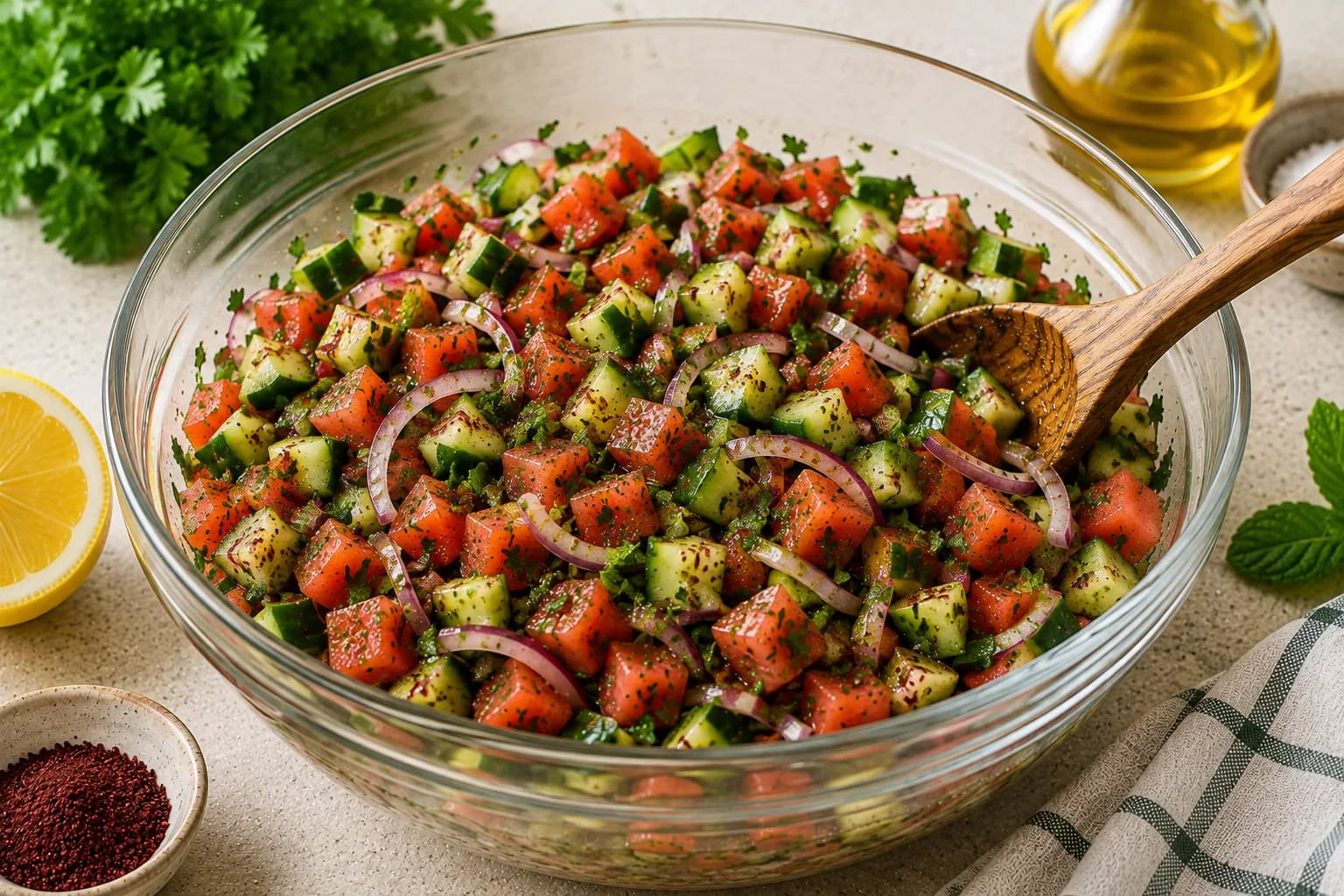 Finished Mediterranean tomato and cucumber salad with fresh herbs and lemon dressing.