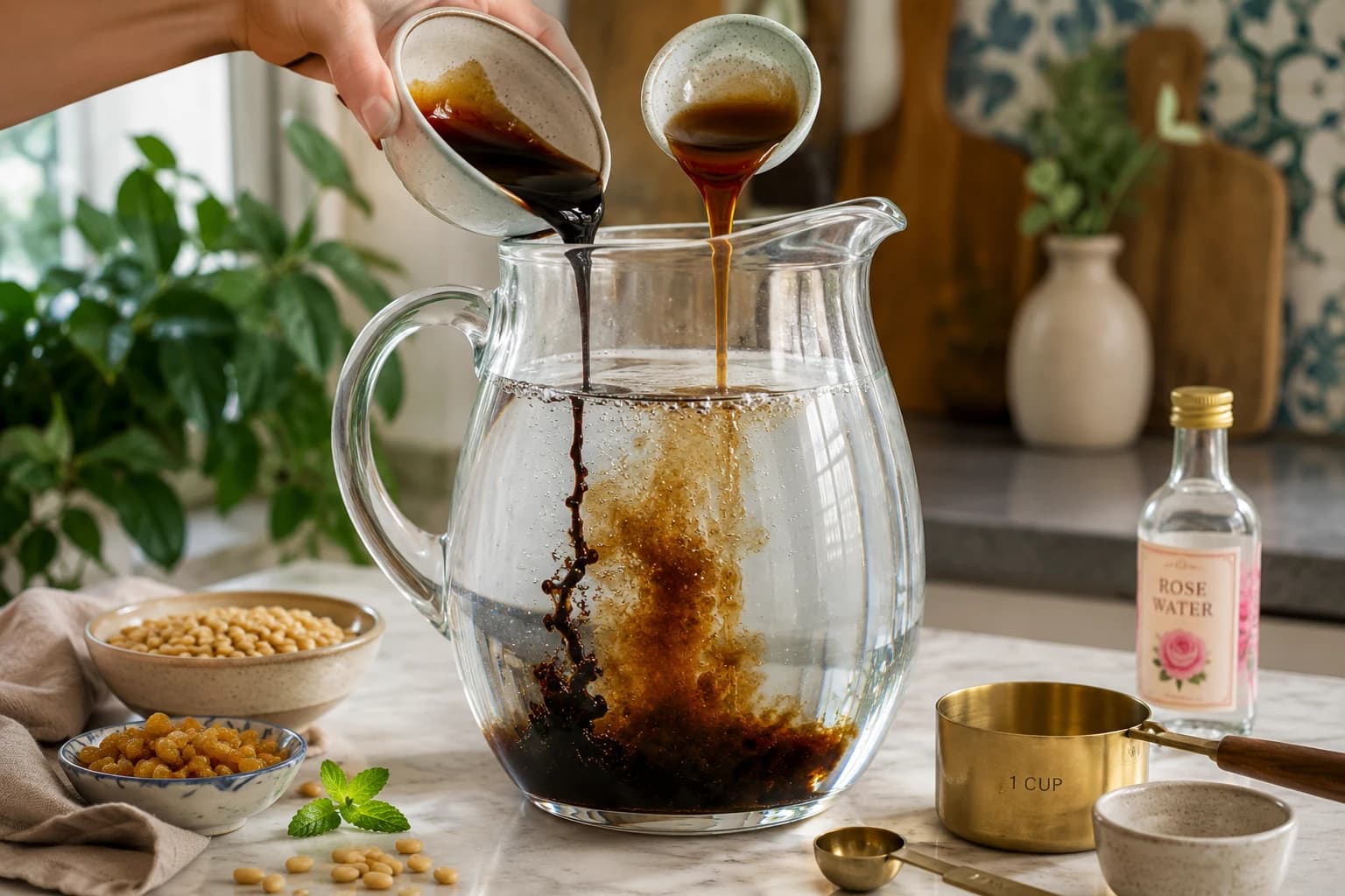 Date molasses and grape molasses being added to cold water in a large pitcher to prepare traditional Jallab.