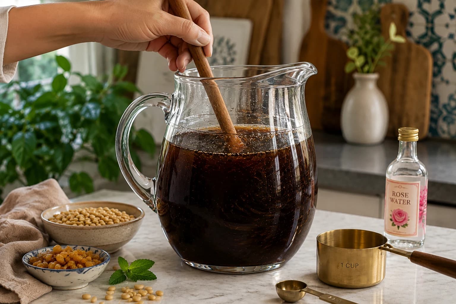 Jallab mixture being thoroughly stirred in a pitcher until the date and grape molasses are evenly dissolved.