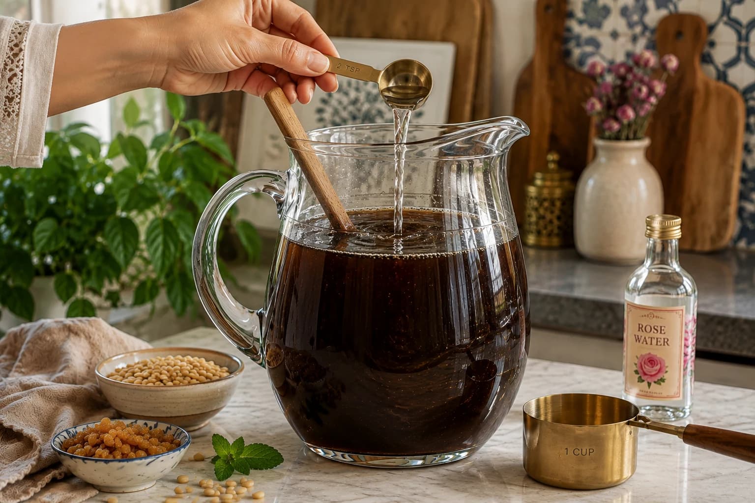 Rose water being added to the mixed date and grape molasses drink to give Jallab its delicate floral aroma.
