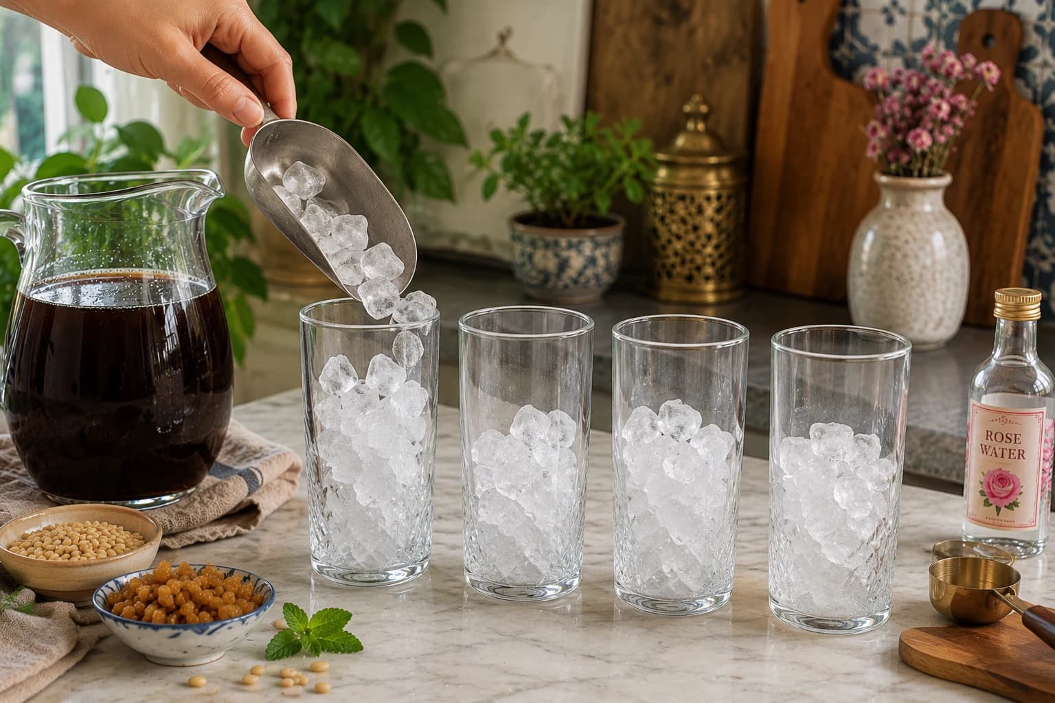 Four serving glasses filled with ice, ready for chilled Lebanese Jallab.