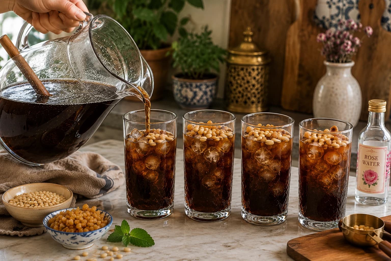 Chilled Jallab poured over ice and topped with pine nuts and golden raisins in individual serving glasses.