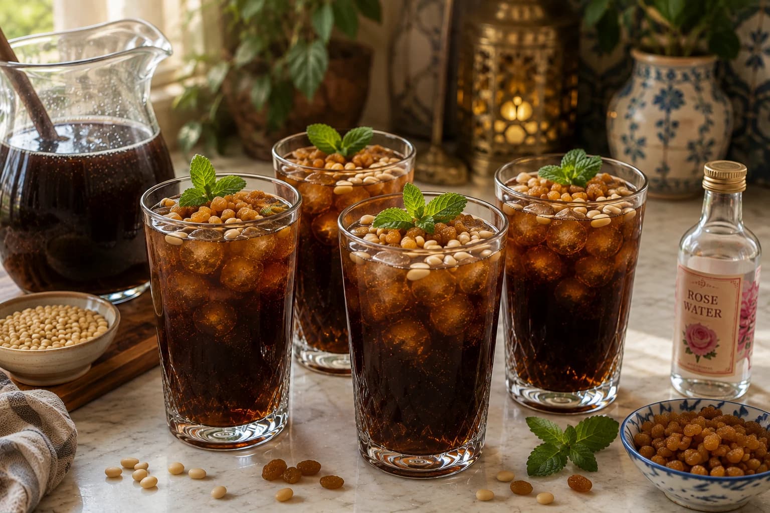 Traditional Lebanese Jallab served chilled over ice with pine nuts, golden raisins, and fresh mint.