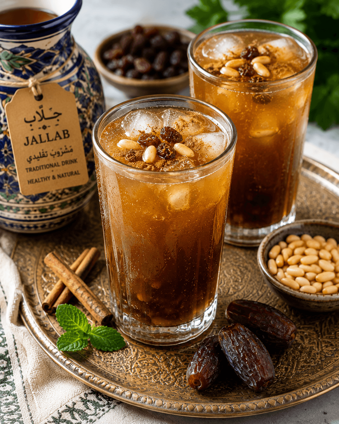 A tall glass of traditional Lebanese Jallab served with ice, pine nuts, raisins, and fresh mint.