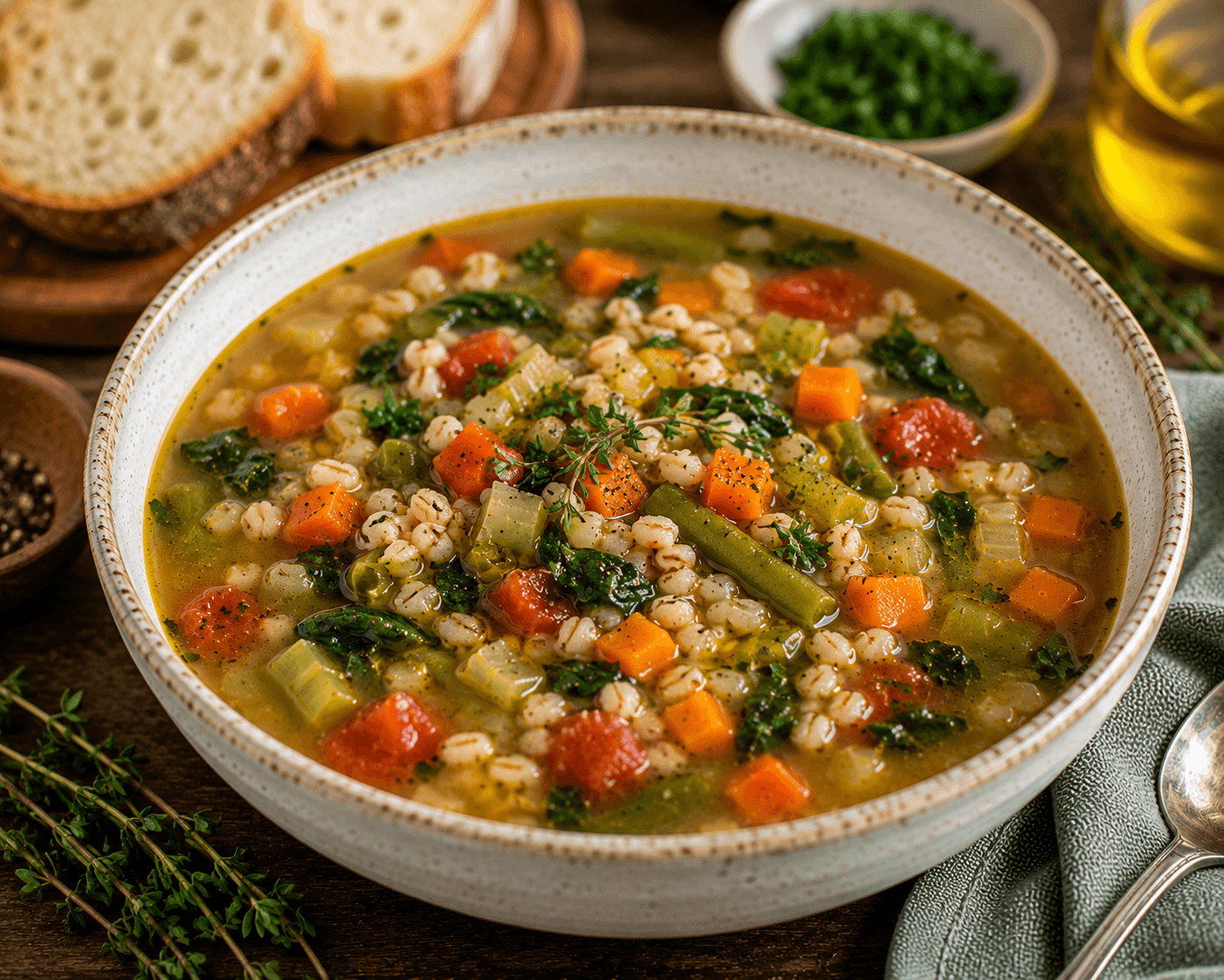 Mediterranean vegetable barley soup served with parsley, lemon wedges, and whole-grain bread.