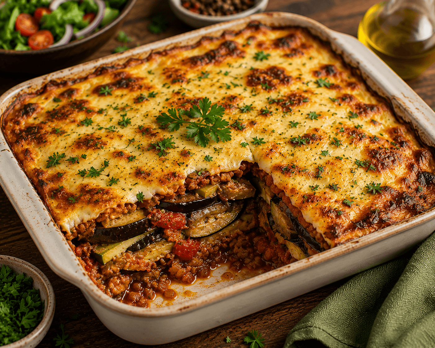 A baked Mediterranean vegetable moussaka with golden béchamel topping served in a casserole dish.