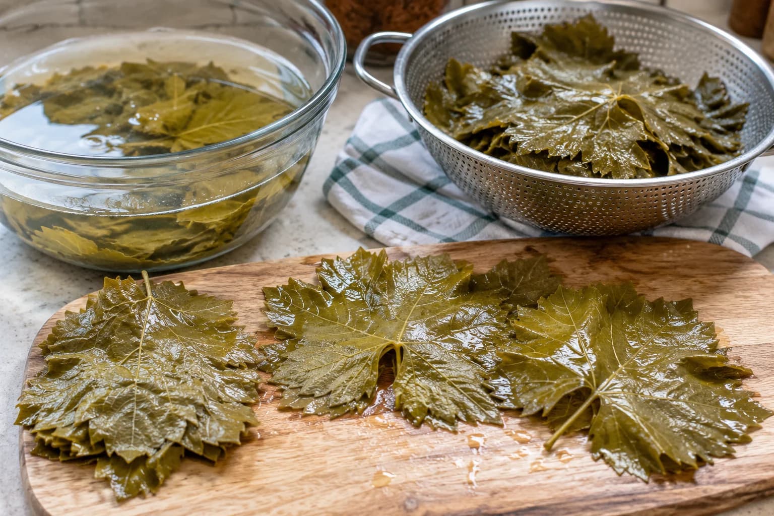 Rinsed grape leaves prepared on a work surface for stuffing.
