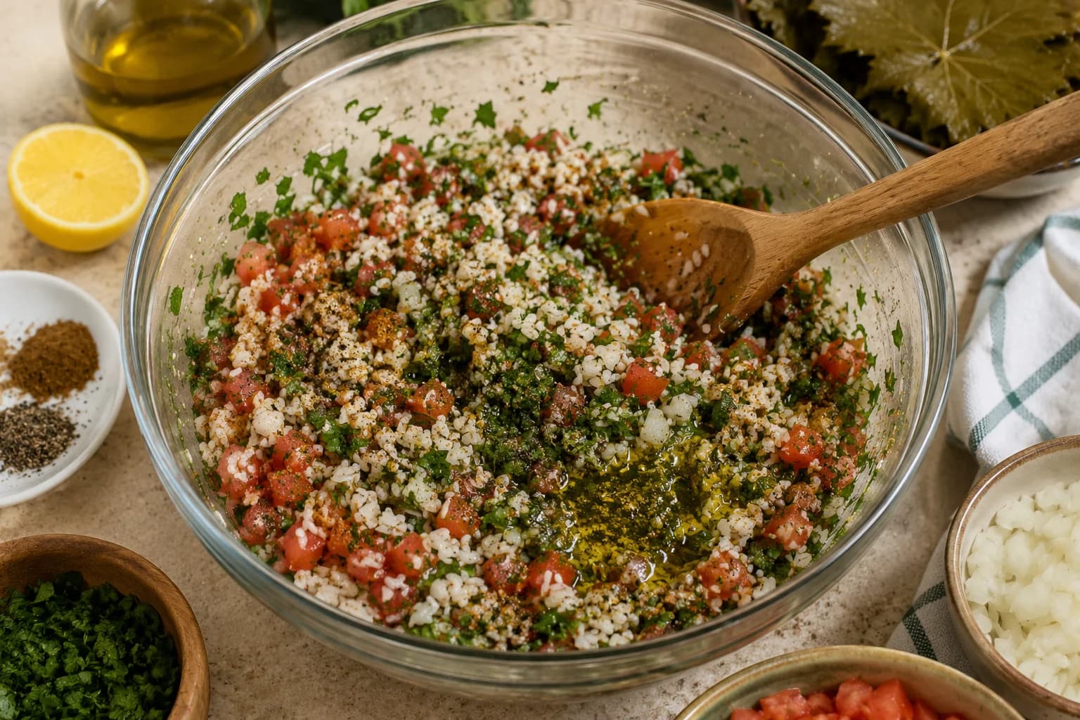 Fresh herbs, vegetables, rice, lemon, olive oil, and spices mixed together for grape-leaf filling.