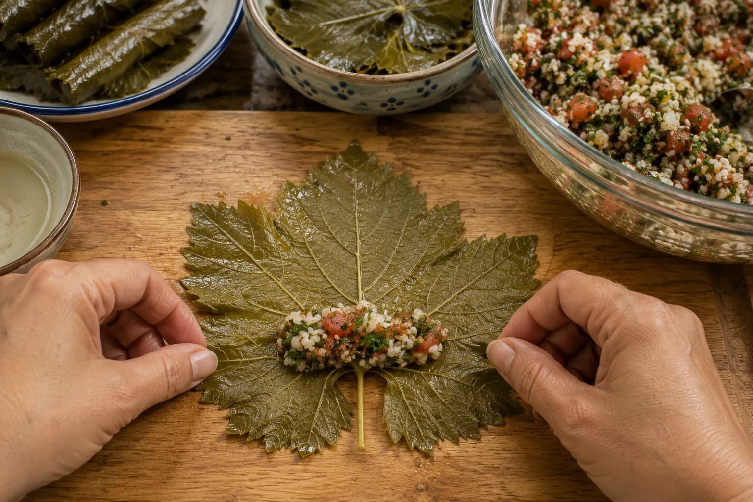 A grape leaf positioned for stuffing with a small portion of rice and herb filling.