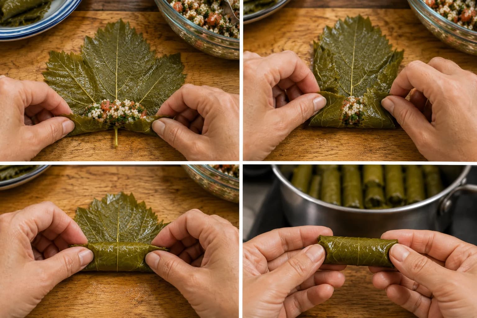 Hands folding and rolling a filled grape leaf into a compact stuffed grape-leaf parcel.