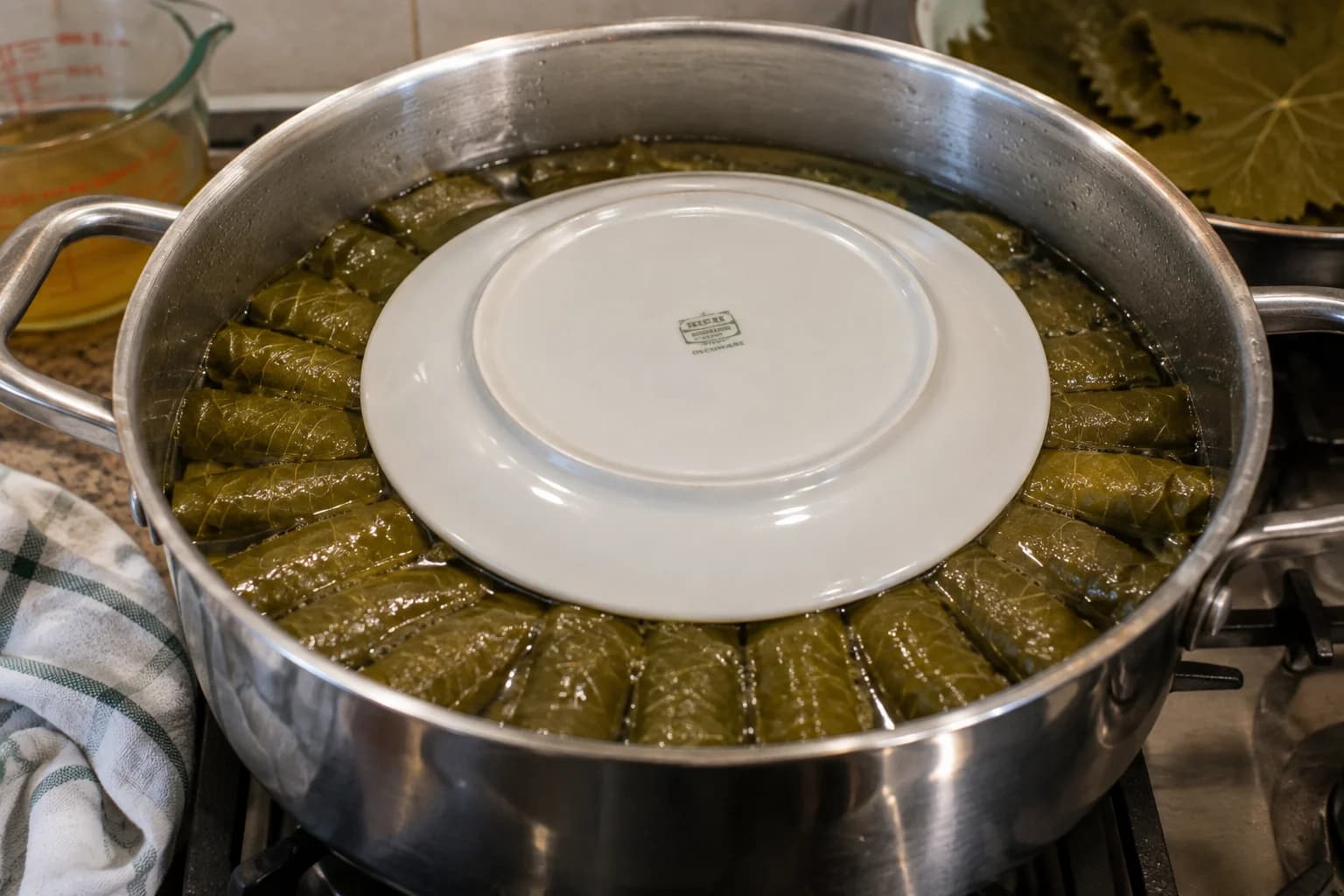Stuffed grape leaves arranged tightly in a pot under a heatproof plate before gentle simmering.