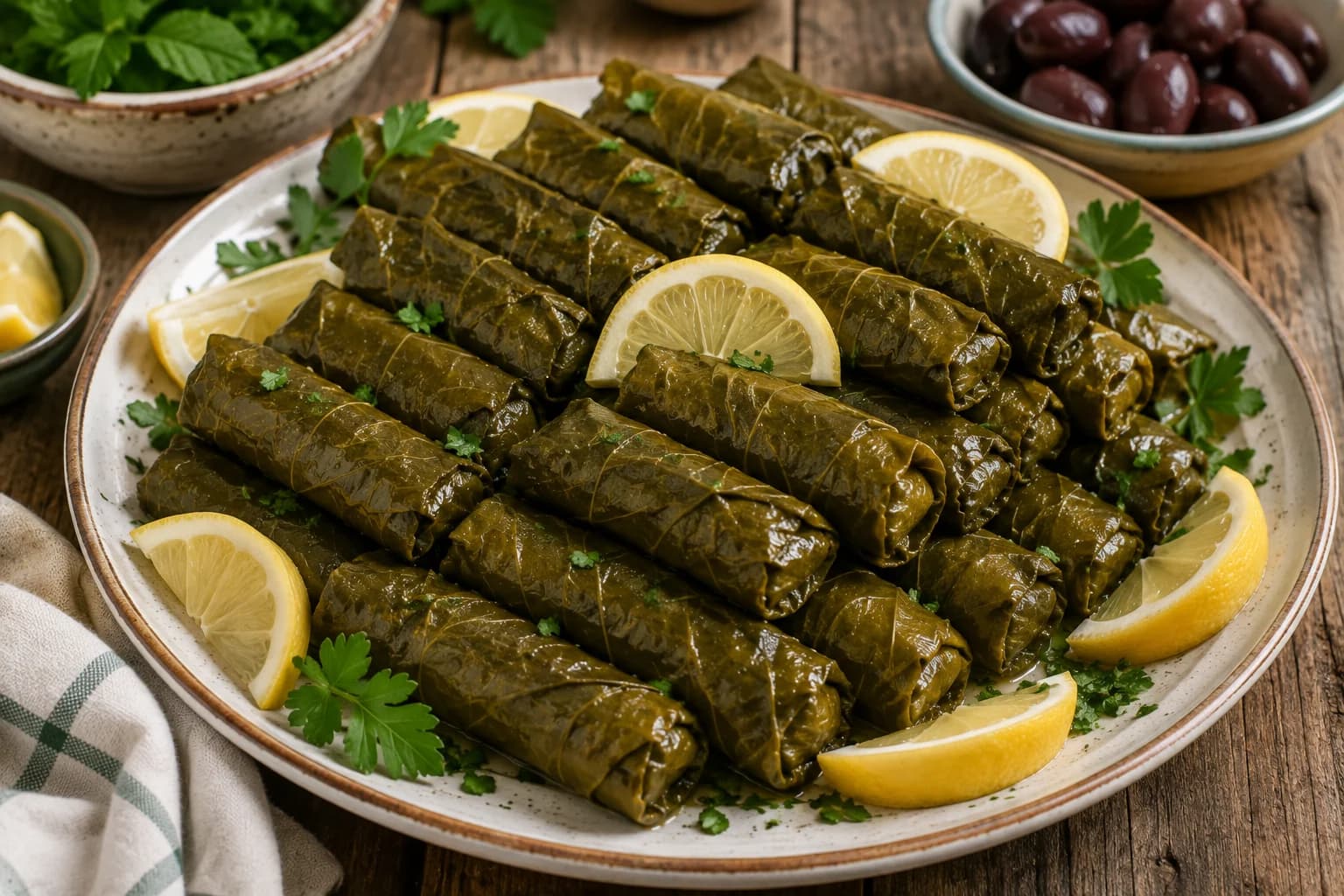 Tender Lebanese stuffed grape leaves arranged on a serving platter with fresh lemon.