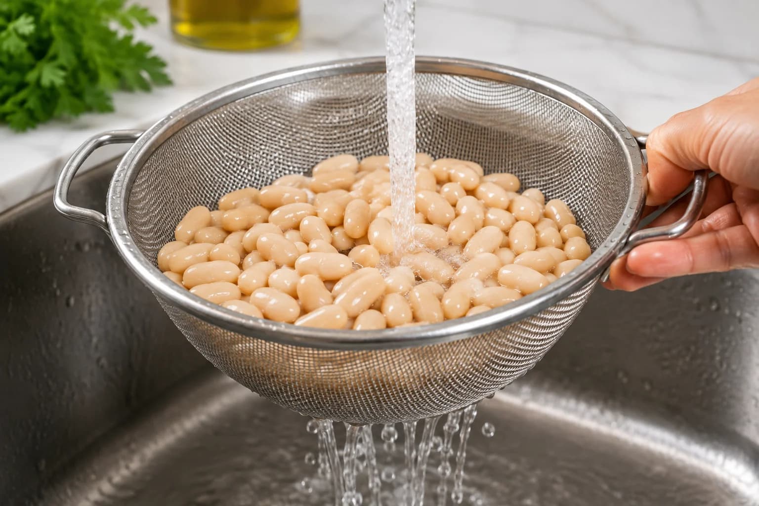 Drained and rinsed cannellini beans prepared for Mediterranean white bean salad.