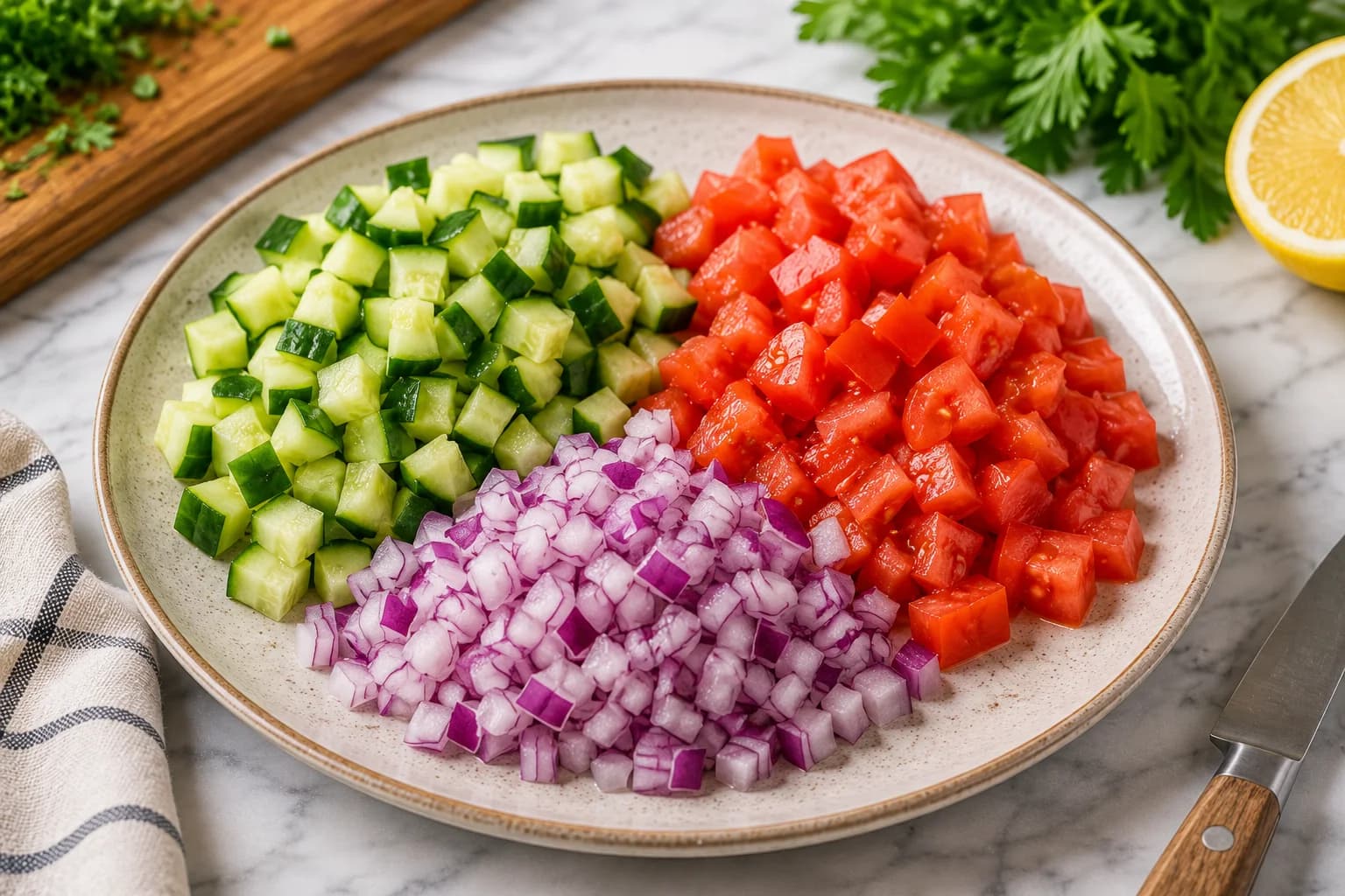 Diced cucumber, tomatoes, and finely chopped red onion prepared for white bean salad.