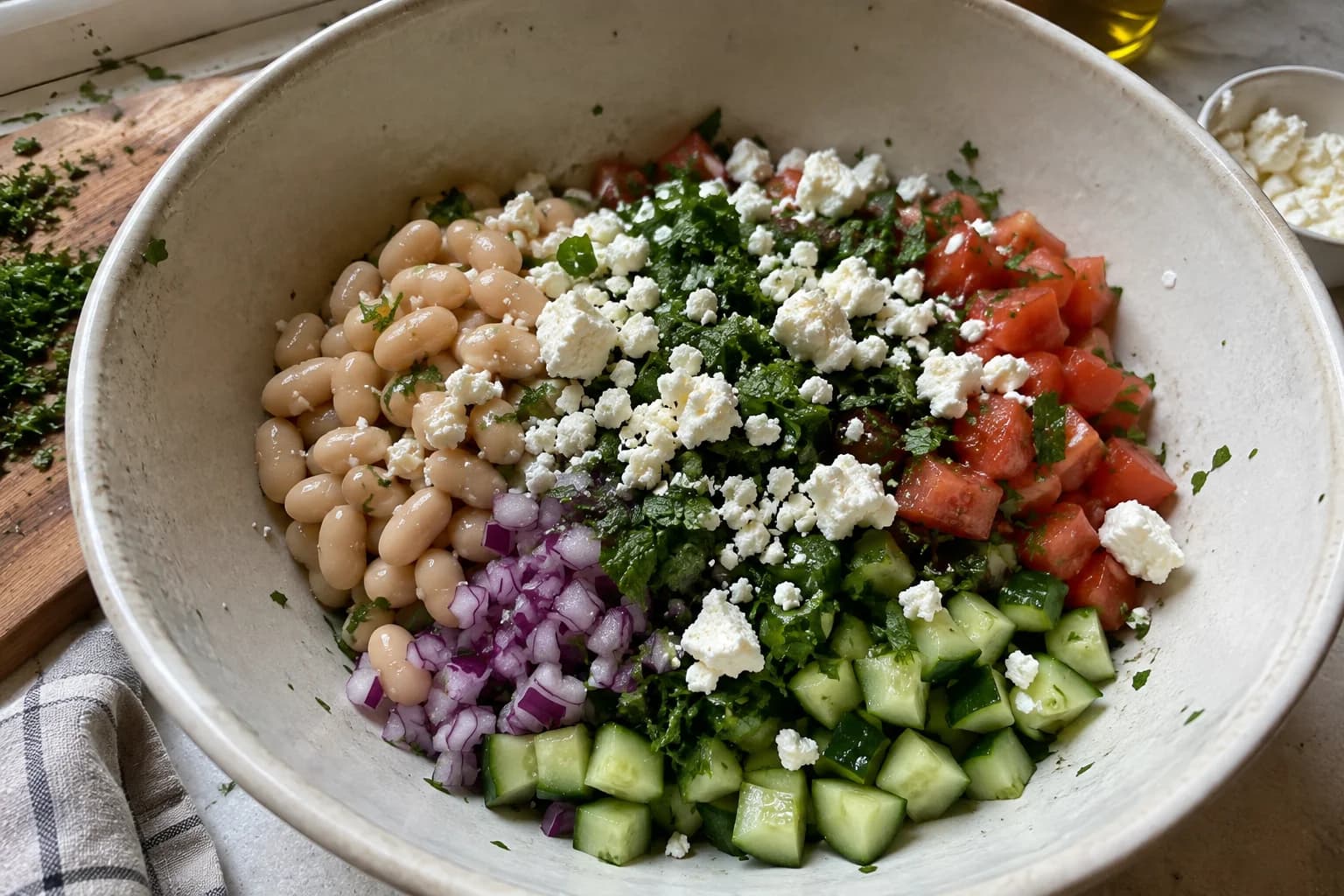 Cannellini beans and fresh vegetables combined with parsley, mint, and feta cheese.