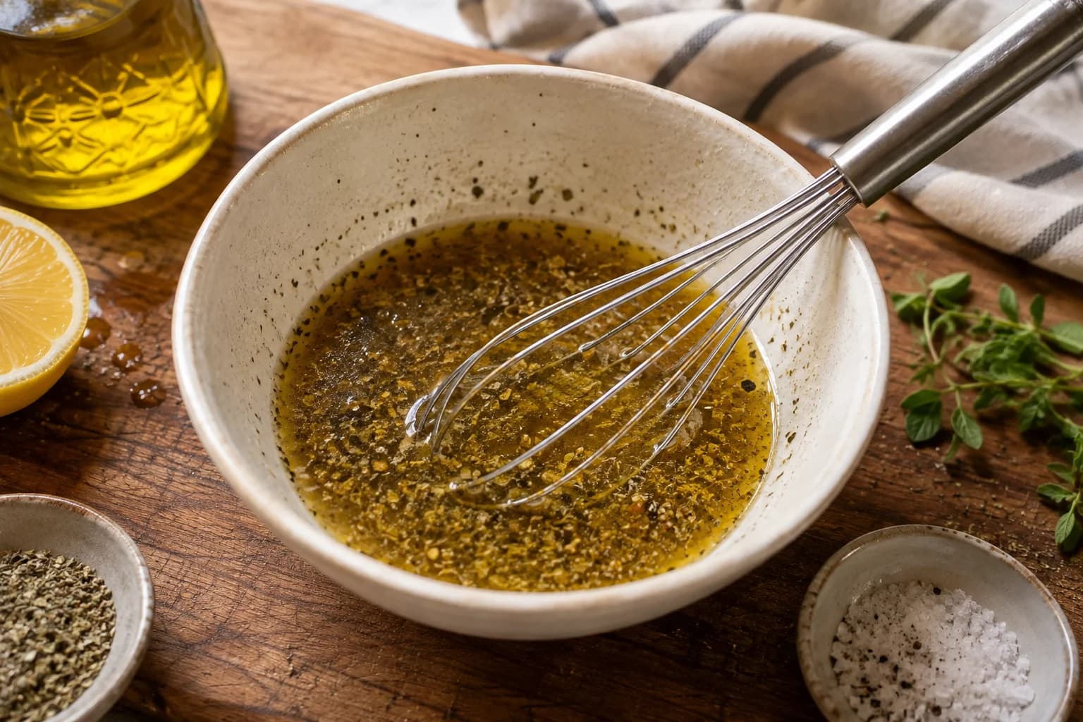 Extra virgin olive oil, lemon juice, oregano, salt, and black pepper being whisked into a salad dressing.