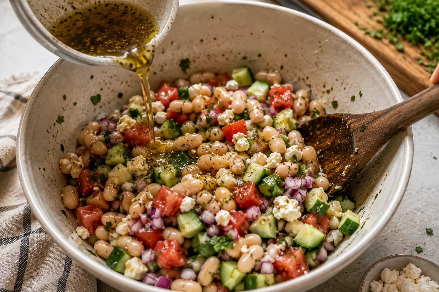 Mediterranean white bean salad being gently tossed with lemon and olive oil dressing.