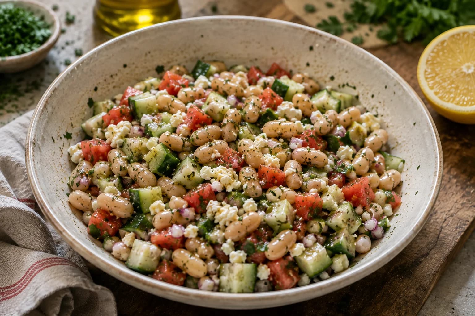 Finished Mediterranean white bean salad with cannellini beans, vegetables, herbs, and feta ready to serve.