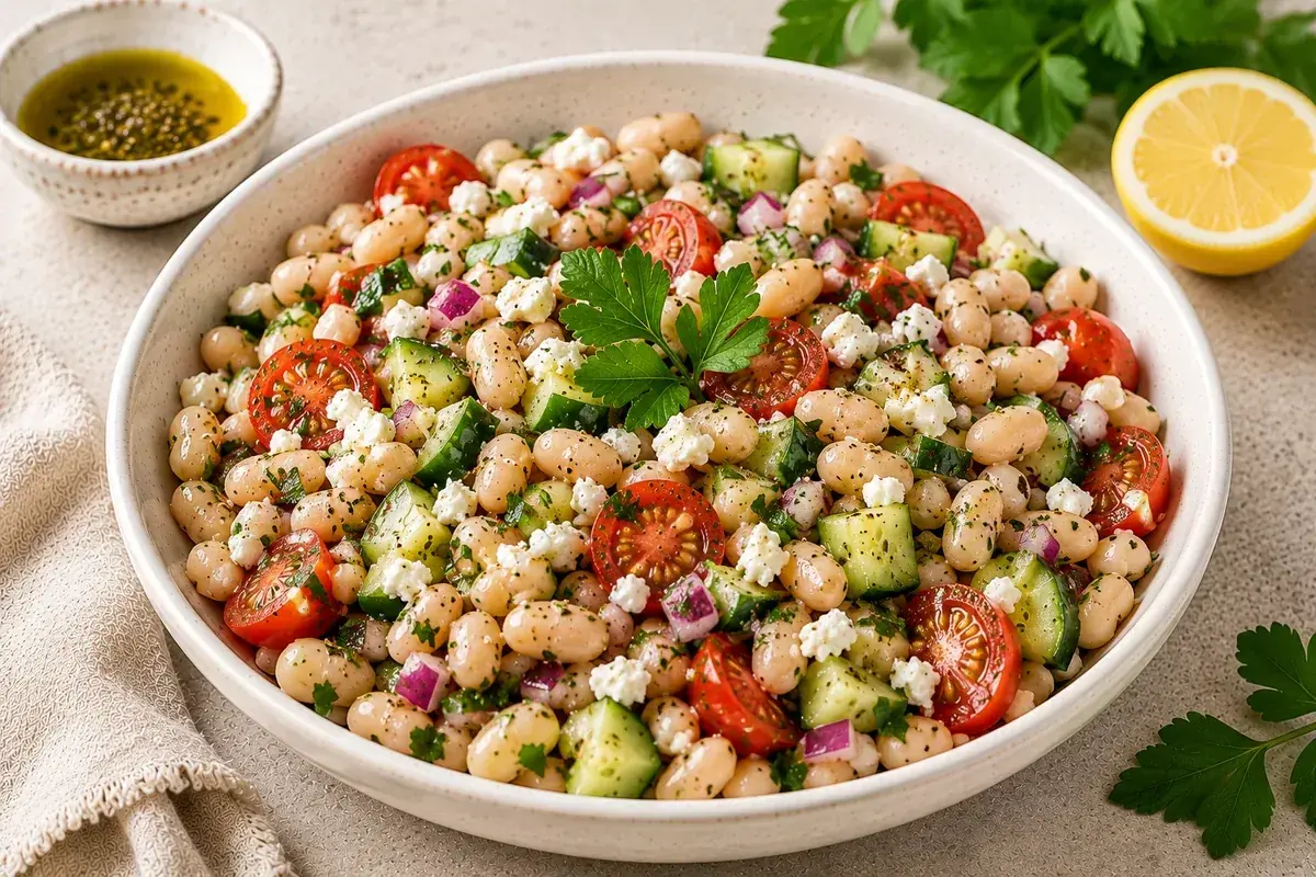 Mediterranean white bean salad with cannellini beans, cucumber, tomatoes, red onion, parsley, mint, and feta cheese.