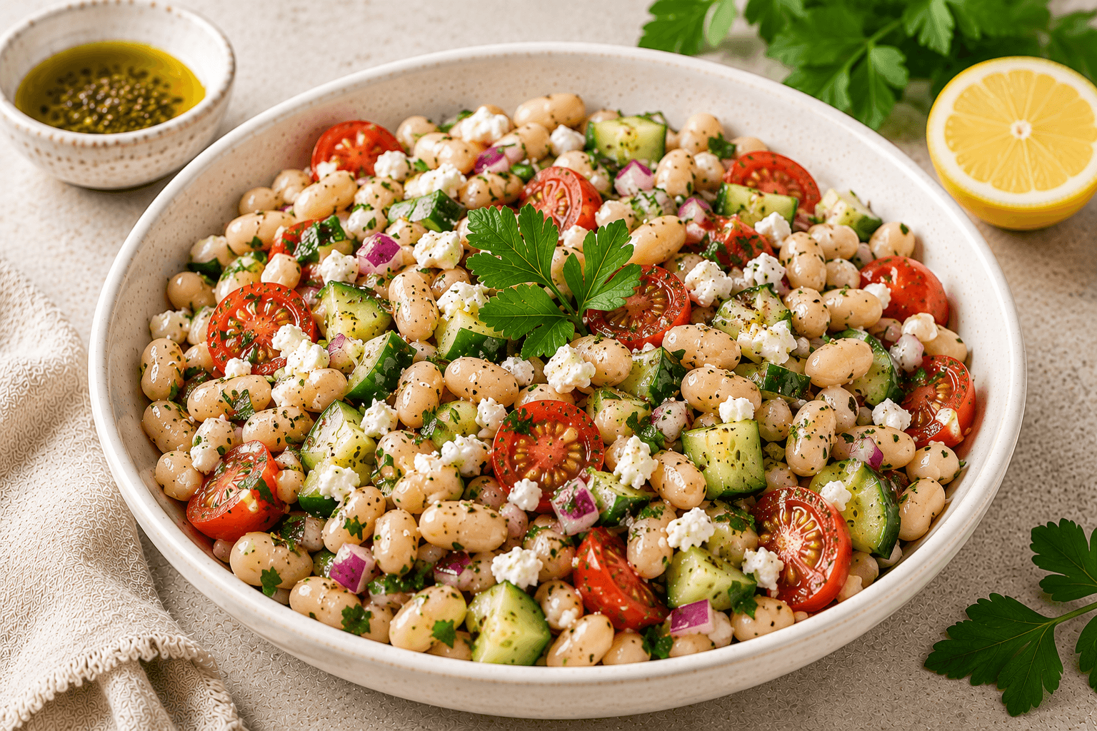 Mediterranean white bean salad with cannellini beans, cucumbers, tomatoes, parsley, and feta cheese.