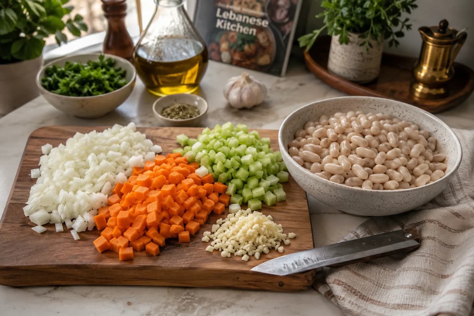 White beans, diced vegetables, and minced garlic prepared for Lebanese-style white bean soup.