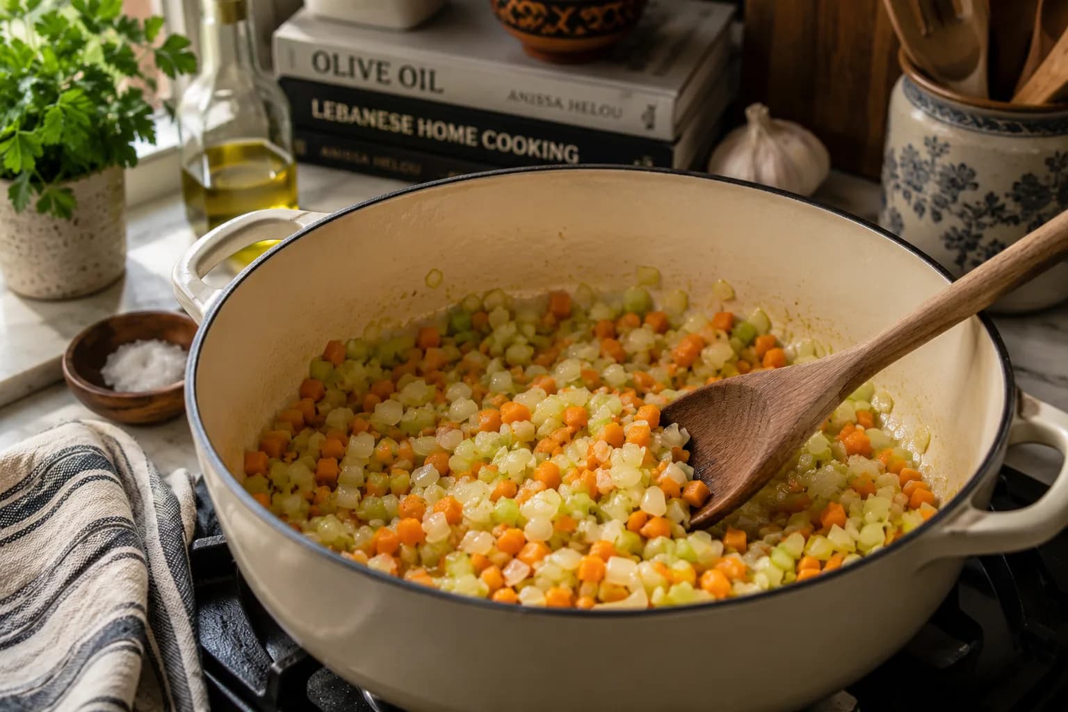 Onion, carrot, and celery gently softening in olive oil in a soup pot.
