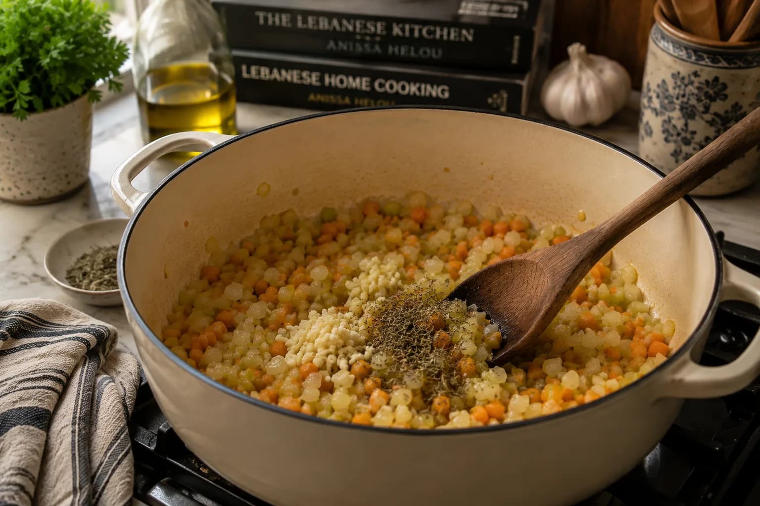 Garlic, rosemary, and thyme being added to softened vegetables for white bean soup.