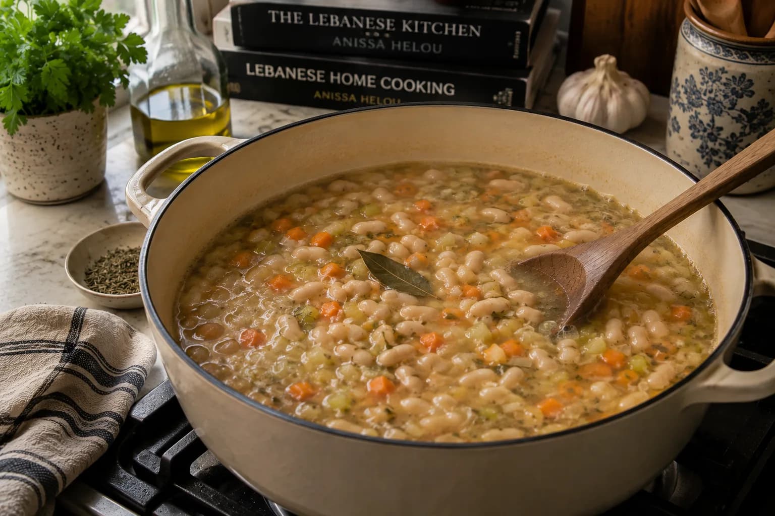 White beans and vegetables gently simmering in a light savory broth.