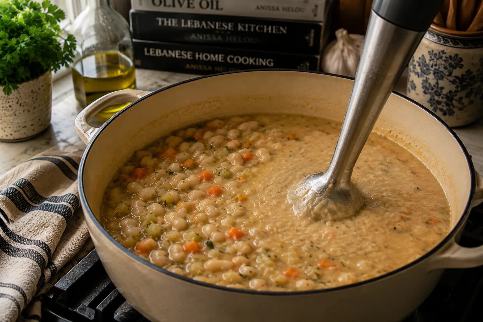 Partially blended white bean soup showing a naturally creamy broth with whole beans remaining.
