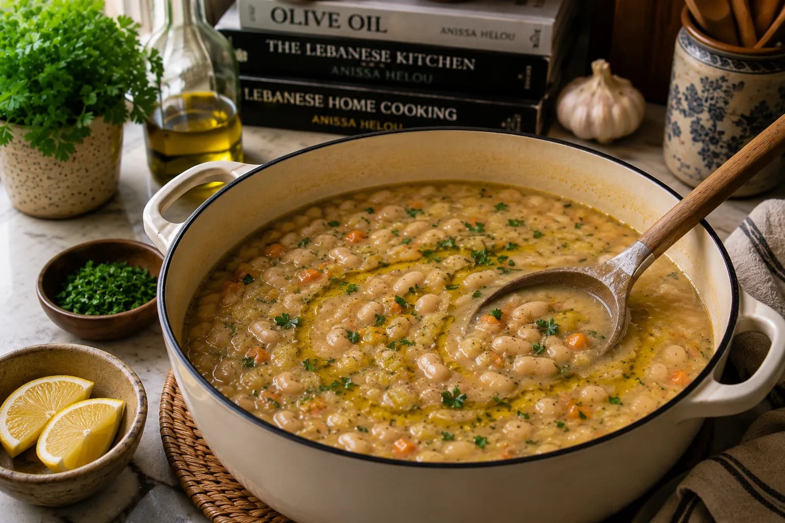 Finished Lebanese-style white bean soup garnished with parsley, olive oil, and lemon.