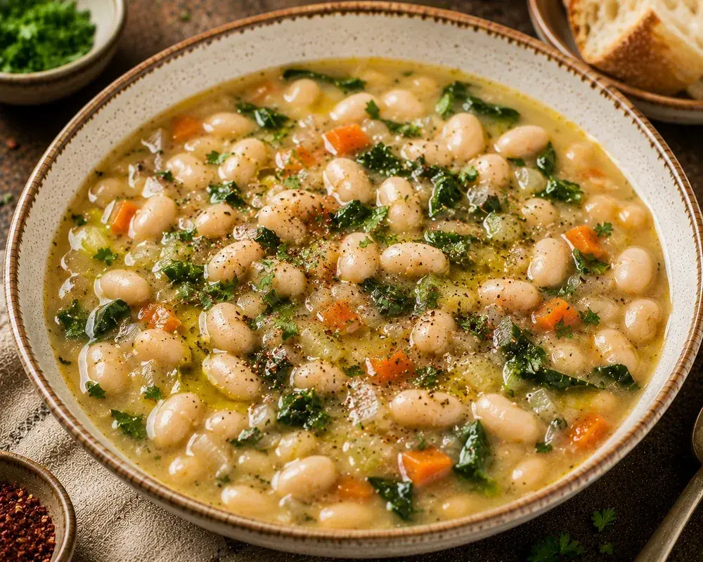 Lebanese-style white bean soup with creamy white beans, parsley, olive oil, and lemon.