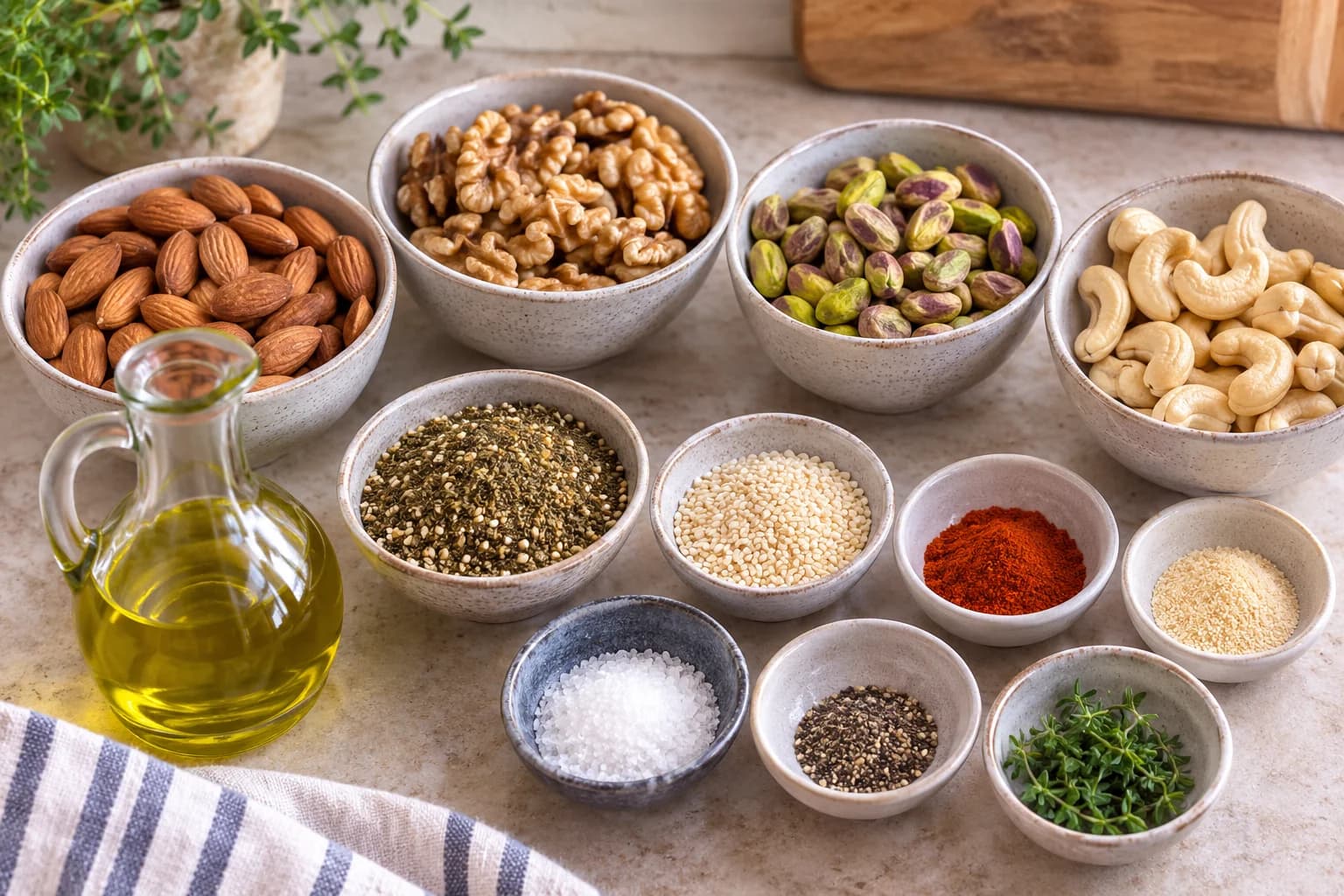 Almonds, walnuts, pistachios, cashews, and Mediterranean seasonings prepared for roasting.