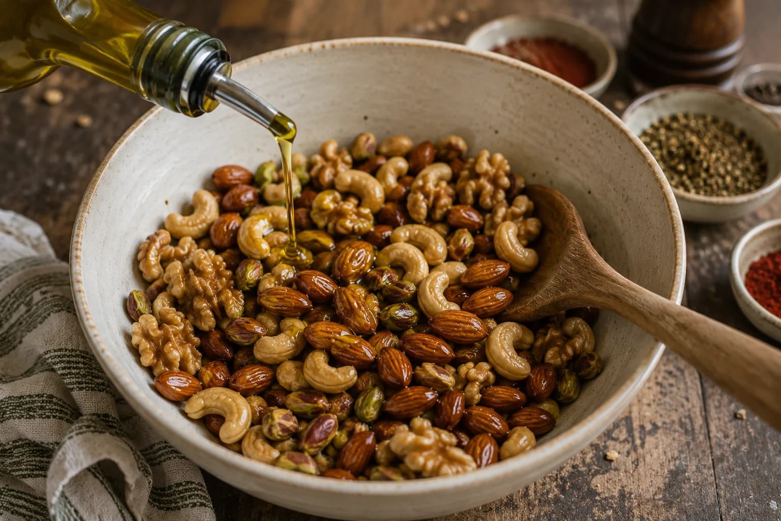 Mixed nuts being tossed with extra virgin olive oil in a large mixing bowl.