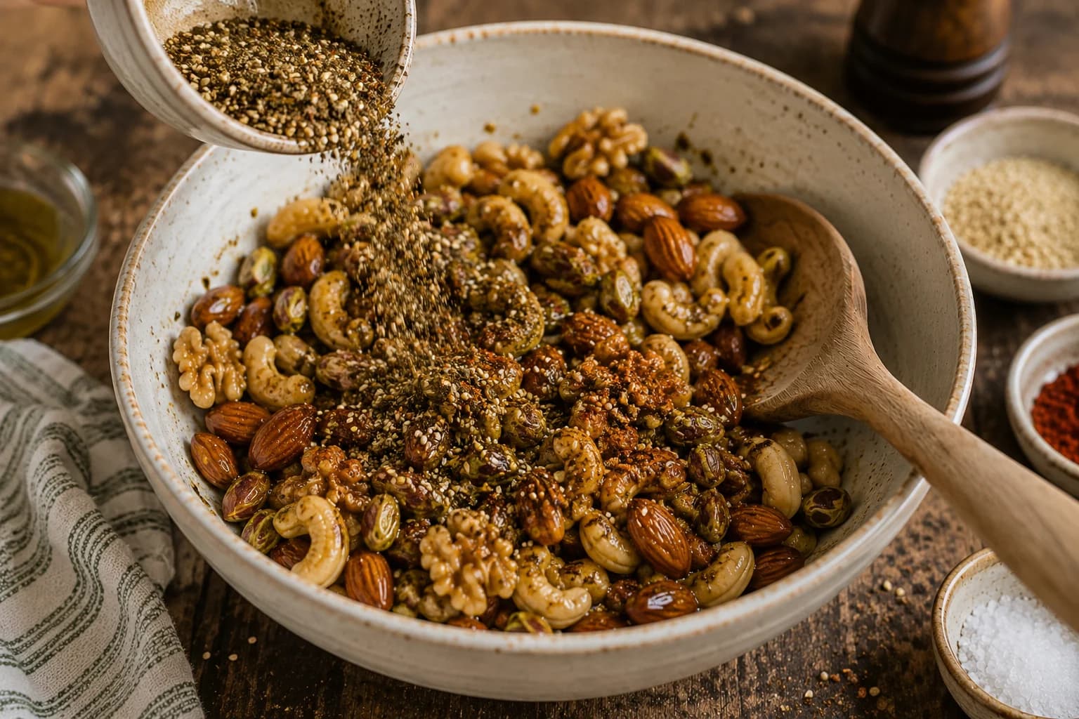 Za'atar and Mediterranean spices being added to olive-oil-coated mixed nuts.