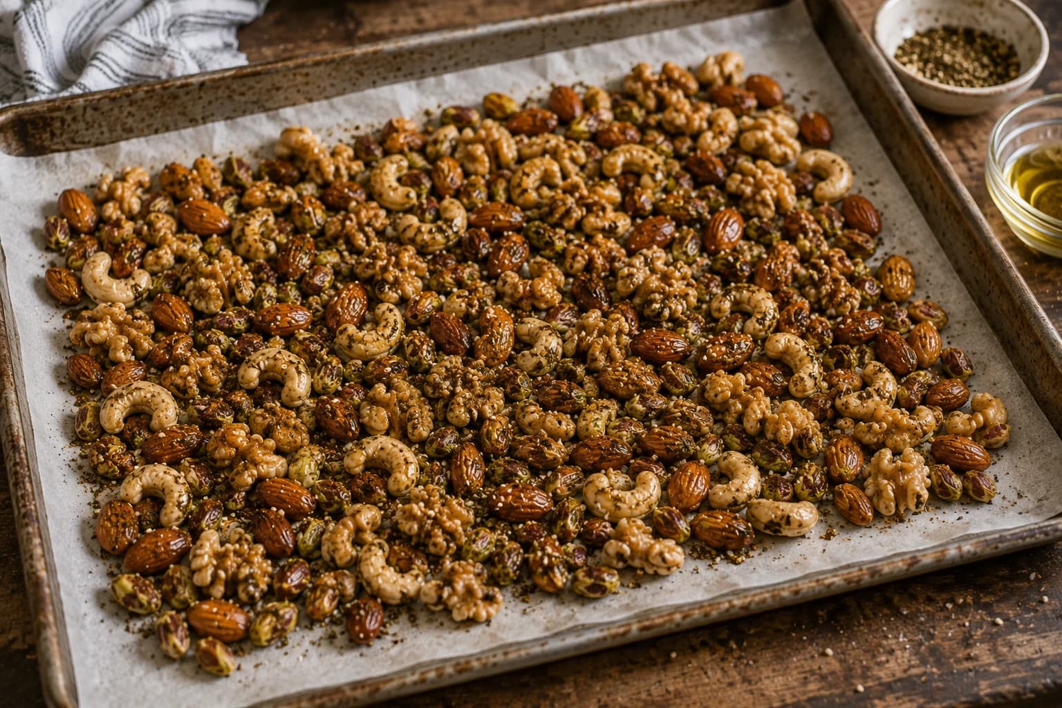 Seasoned mixed nuts spread in a single layer on a parchment-lined baking sheet.