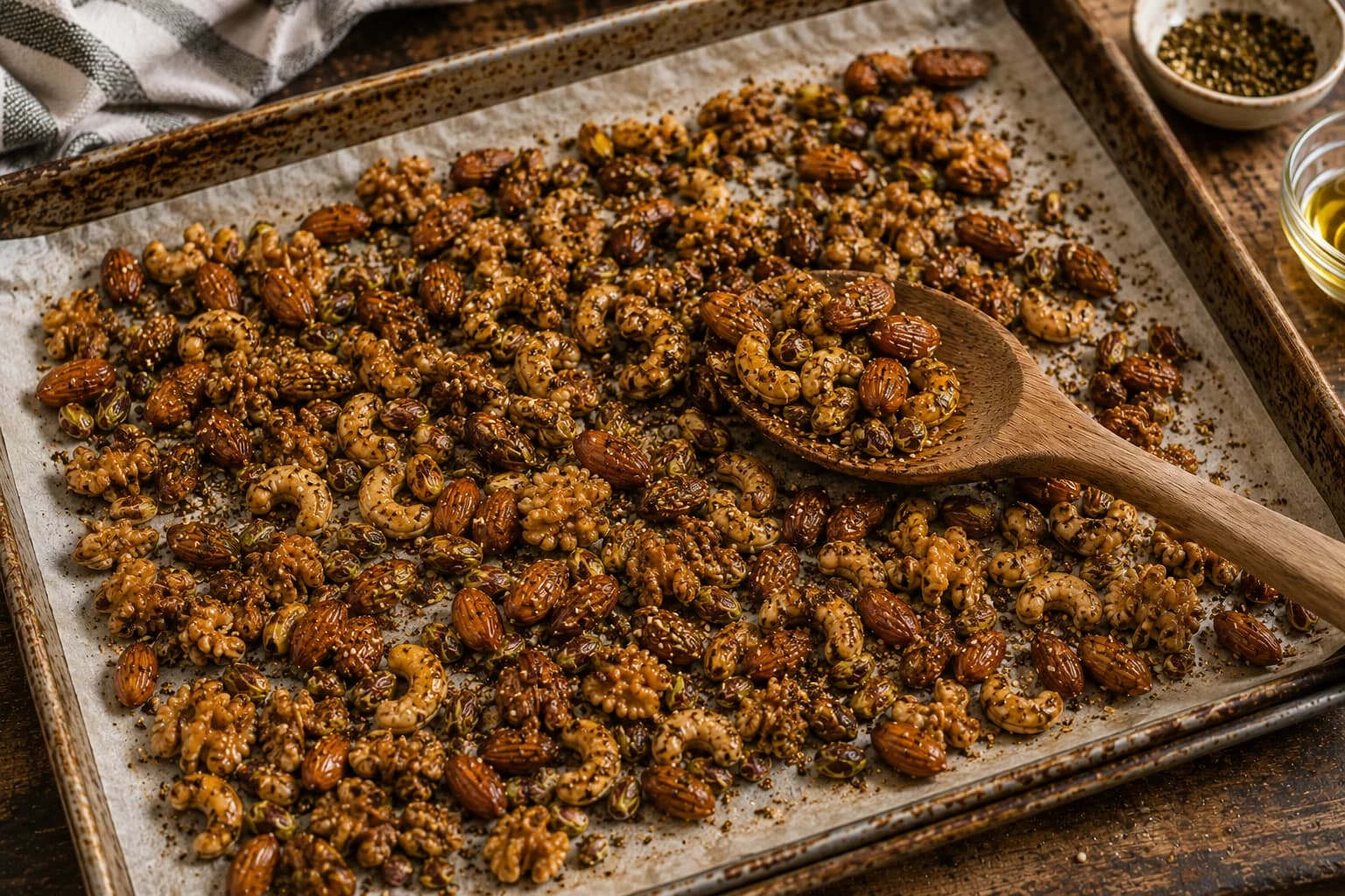 Za'atar seasoned mixed nuts roasting on a baking sheet until lightly golden.