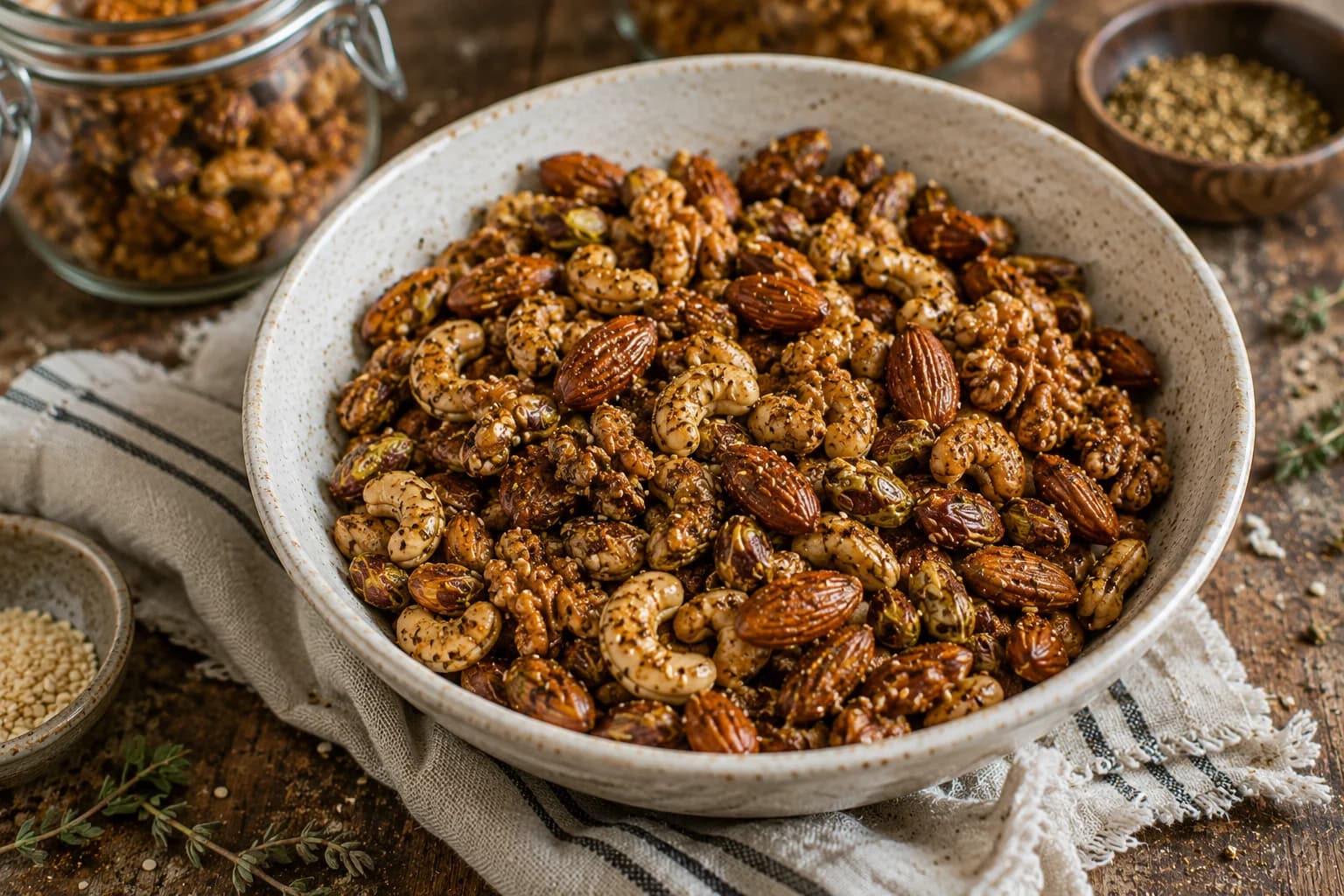 Finished za'atar roasted mixed nuts cooling before being served in a bowl.