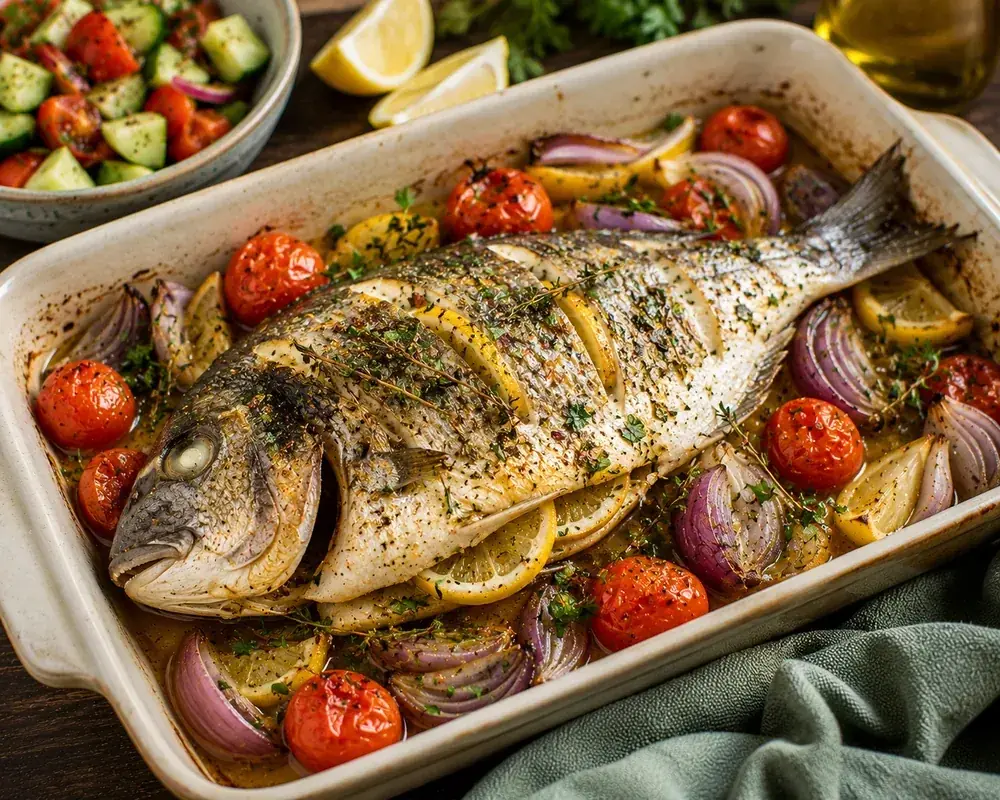 Baked white fish fillets with lemon slices, parsley, dill, garlic, and Mediterranean herbs.