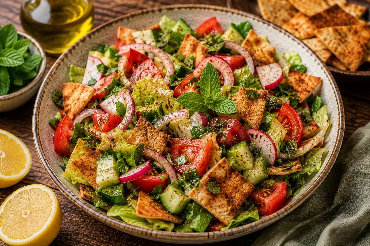 Lebanese Fattoush salad with romaine lettuce, tomatoes, cucumber, radishes, green pepper, parsley, mint, toasted pita, sumac, and pomegranate molasses dressing.