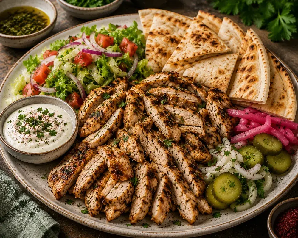 Juicy grilled chicken shawarma sliced into thin strips with warm pita, garlic sauce, pickles, parsley, and fresh Mediterranean salad.