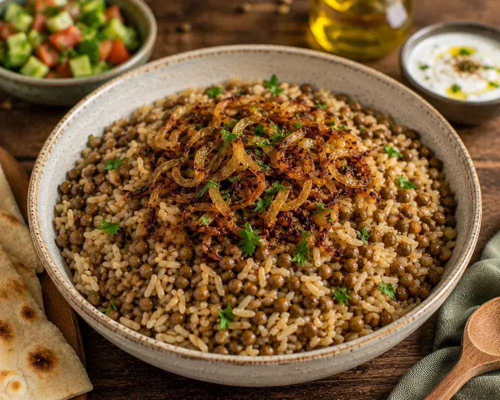 Lebanese Mujadara with fluffy rice, tender lentils, deeply caramelized onions, fresh parsley, and lemon wedges.
