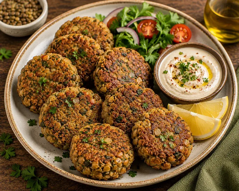 Golden baked Mediterranean lentil patties served with tahini sauce, fresh parsley, and salad.