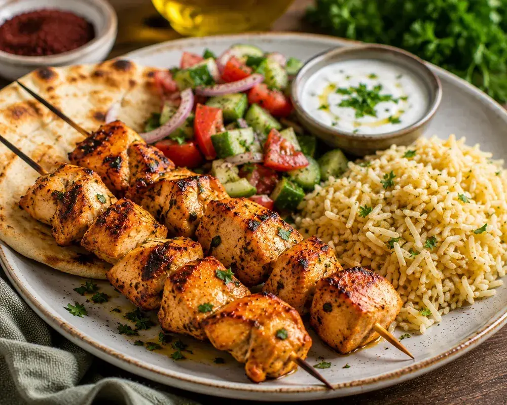 Lebanese Shish Tawook chicken skewers with juicy grilled chicken pieces, lightly charred edges, fresh parsley, garlic sauce, grilled vegetables, and warm pita.