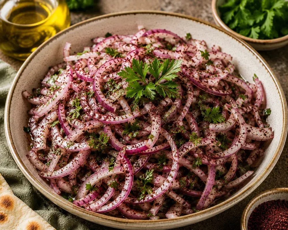 Turkish sumac onion salad made with thinly sliced red onion, fresh parsley, ground sumac, lemon juice, and olive oil.